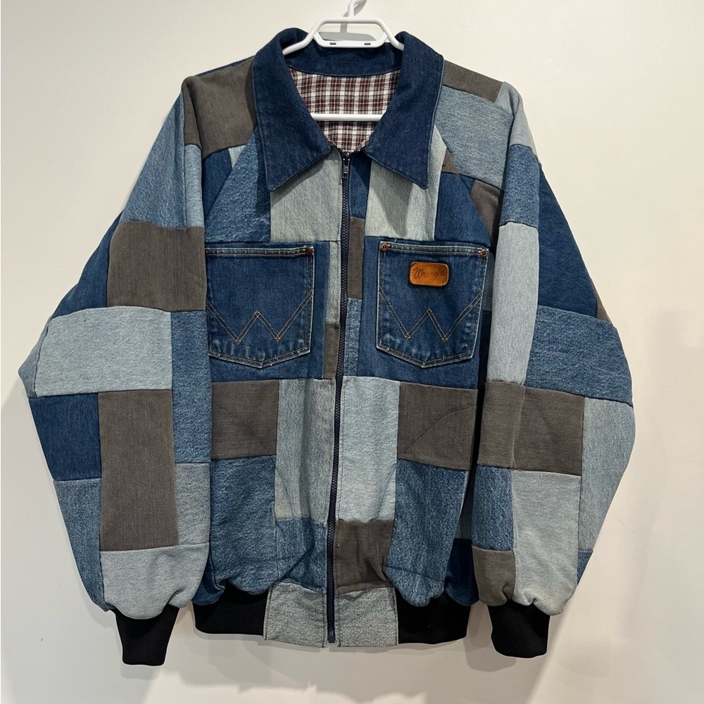 Handmade Patchwork Denim Jacket Flannel Lined Men’s Large Wrangler Barn Coat